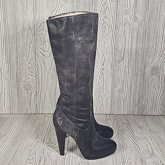 Frye Harlow Campus Tall Black Leather Heeled Boots Womens Size 6 - Picture 2 of 16